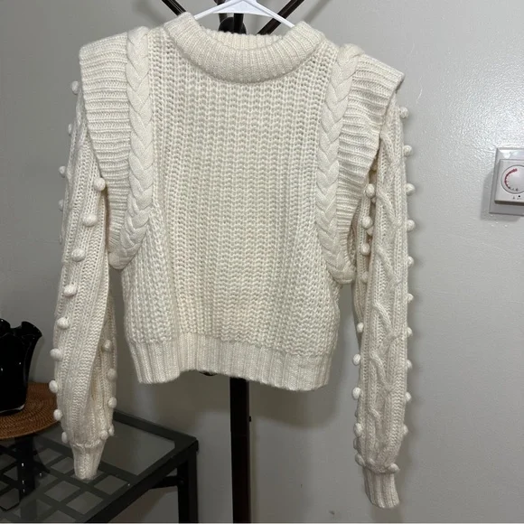 Farm Rio Braided Sweater S Pom Pom Off White wool blend - Picture 1 of 14